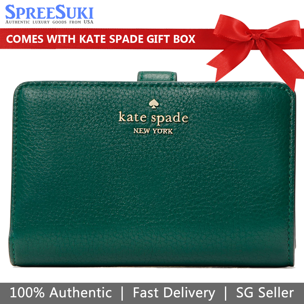 Kate Spade Medium Wallet Leila Pebble Leather Medium Compact Bifold Deep Jade Green # WLR00394