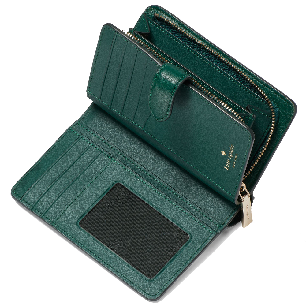 Kate Spade Medium Wallet Leila Pebble Leather Medium Compact Bifold Deep Jade Green # WLR00394