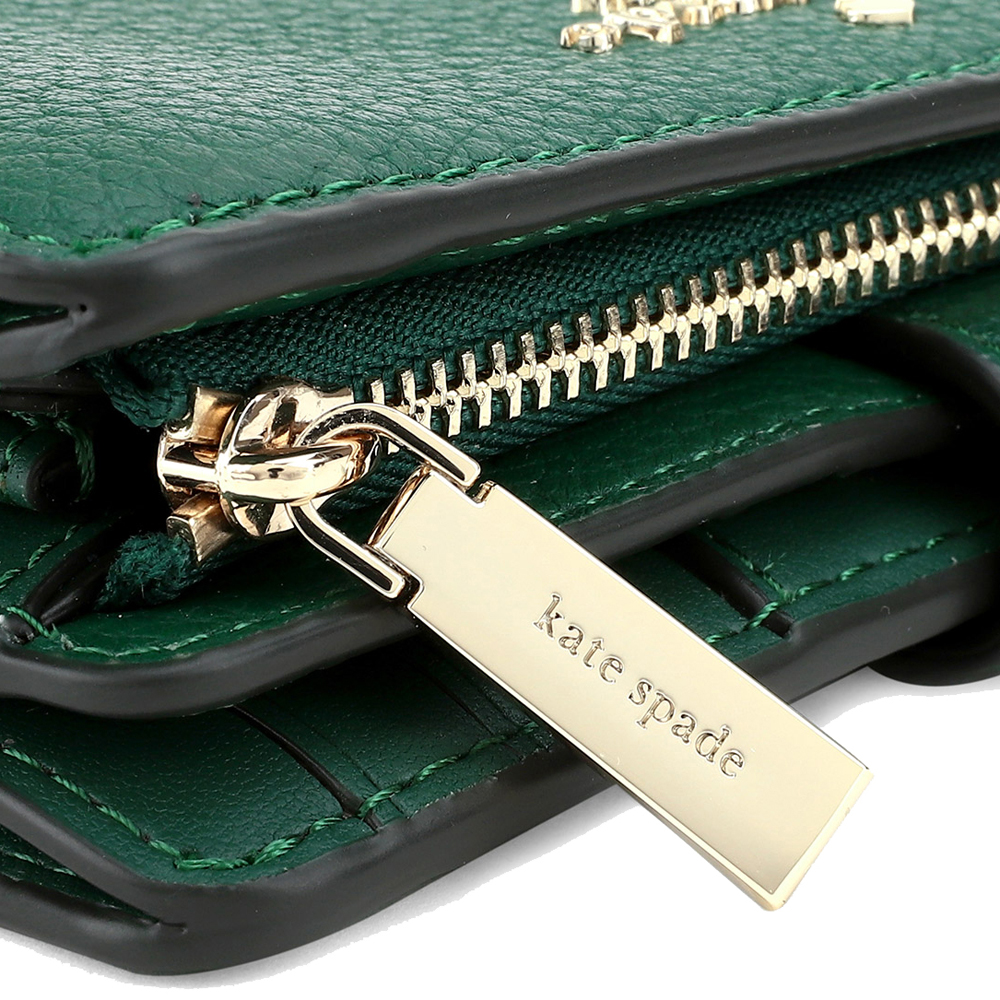 Kate Spade Medium Wallet Leila Pebble Leather Medium Compact Bifold Deep Jade Green # WLR00394