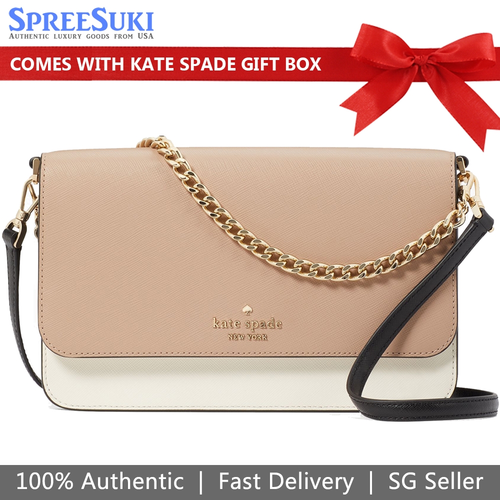 Kate Spade Madison Colorblock Saffiano Leather Flap Convertible Crossbody Toasted Hazelnut Beige Black # KC623D1