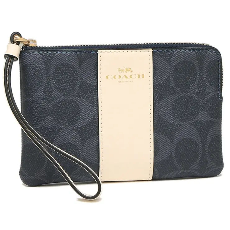 Coach Small Wristlet Signature Pvc Leather Corner Zip Denim Blue Off White # 58035D3