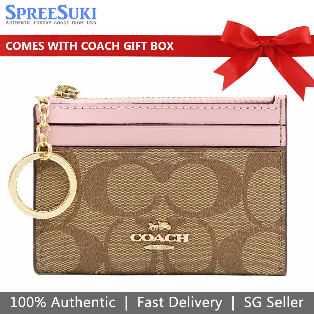 Coach Mini Skinny Id Case In Signature Canvas Khaki Blossom Pink # 88208D3