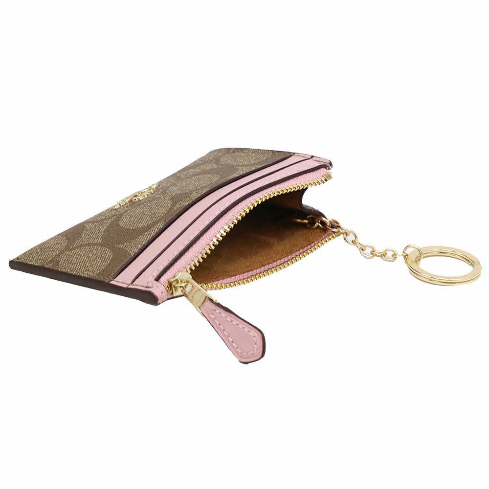 Coach Mini Skinny Id Case In Signature Canvas Khaki Blossom Pink # 88208D3