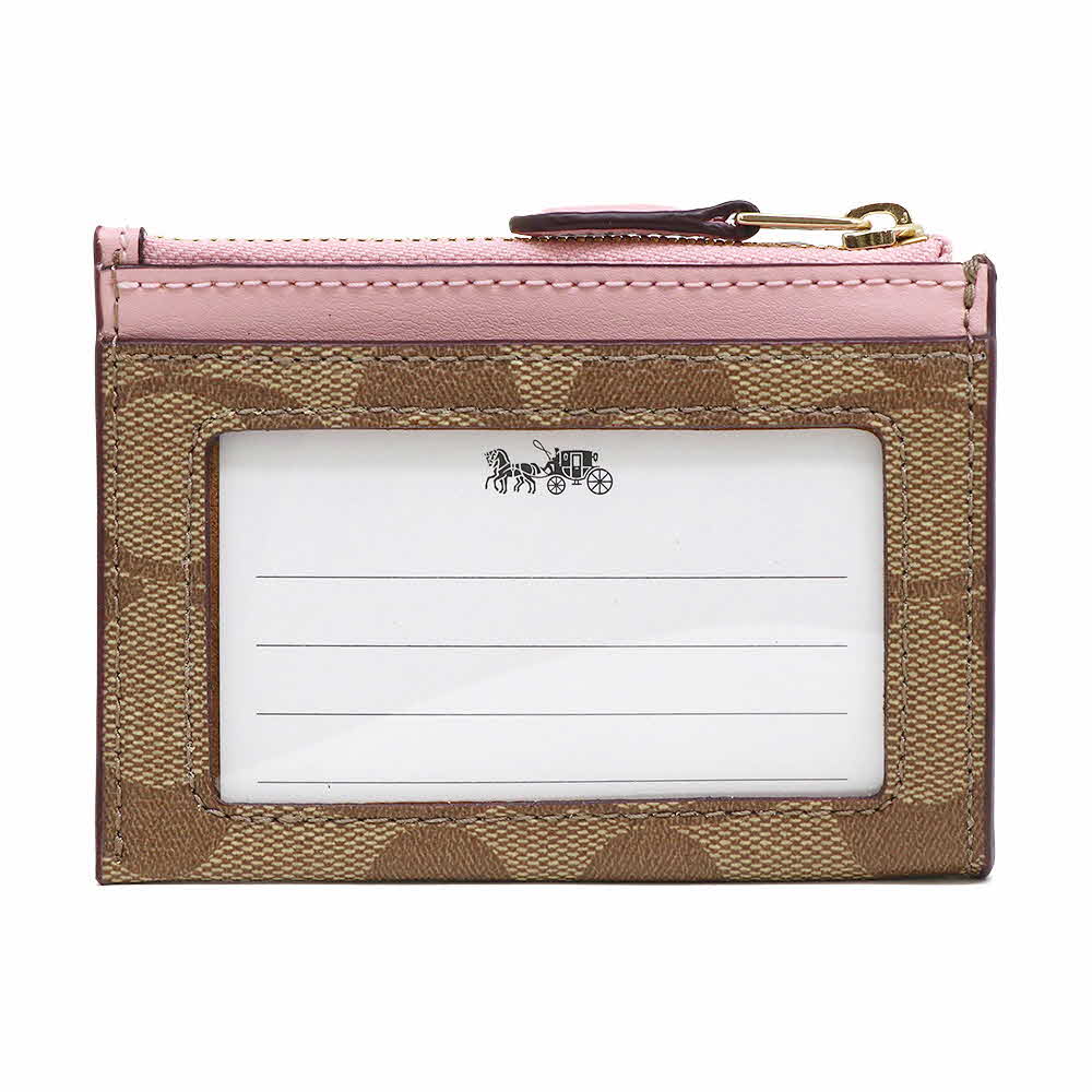 Coach Mini Skinny Id Case In Signature Canvas Khaki Blossom Pink # 88208D3