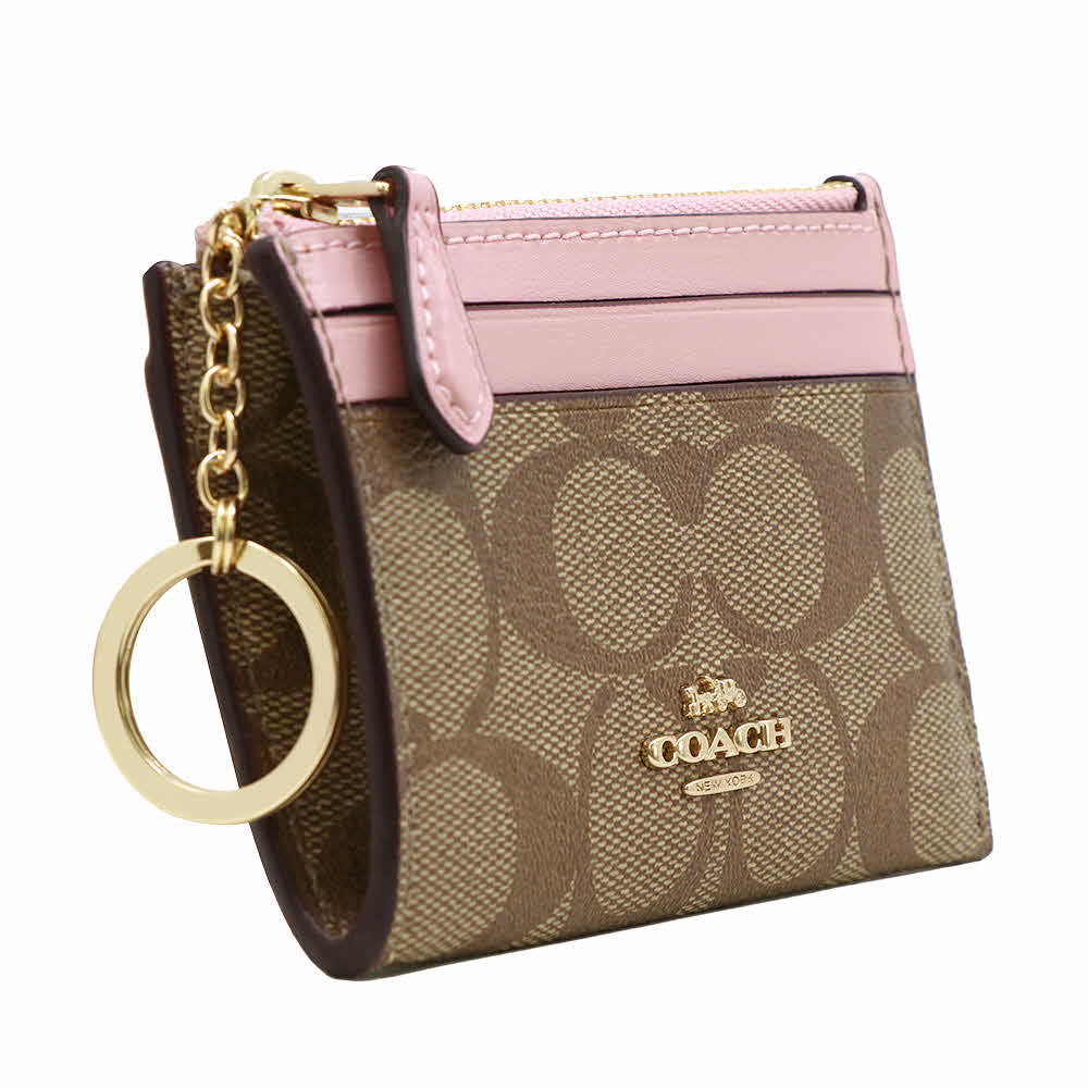 Coach Mini Skinny Id Case In Signature Canvas Khaki Blossom Pink # 88208D3