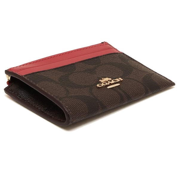 Coach Key Card Case In Gift Box Mini Skinny Id Case In Signature Canvas Brown / True Red # F88208D11