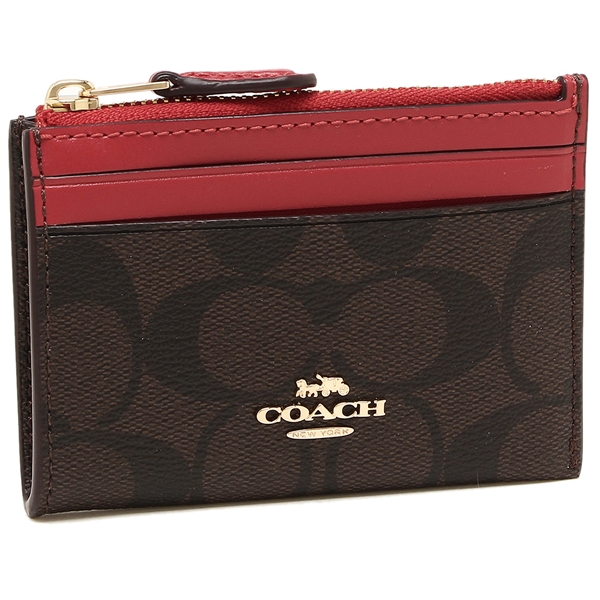 Coach Key Card Case In Gift Box Mini Skinny Id Case In Signature Canvas Brown / True Red # F88208D11