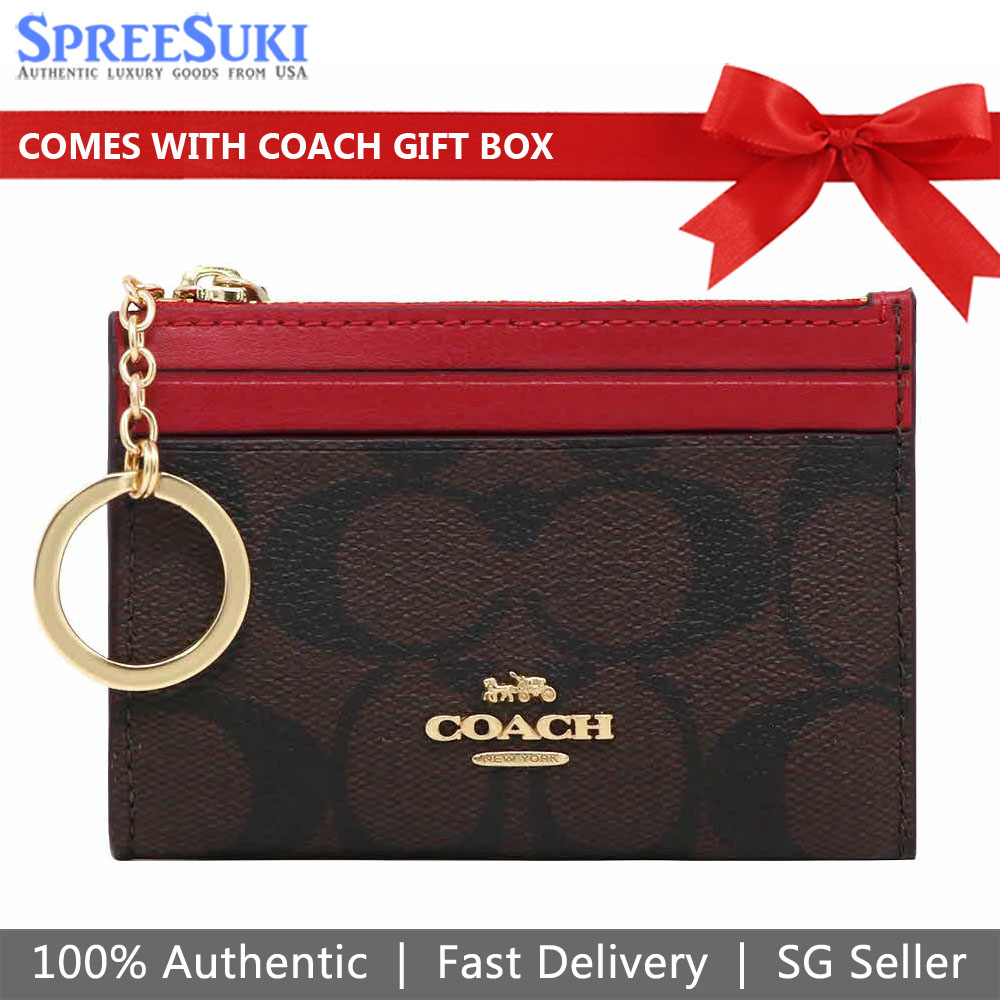 Coach Key Card Case In Gift Box Mini Skinny Id Case In Signature Canvas Brown / True Red # F88208D11
