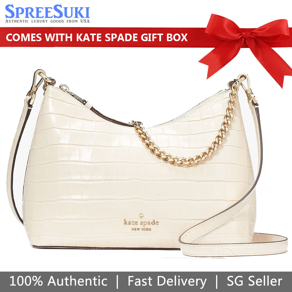 Kate Spade Zippy Crocodile Embossed Convertible Crossbody Bag Sling Bare White # K9491