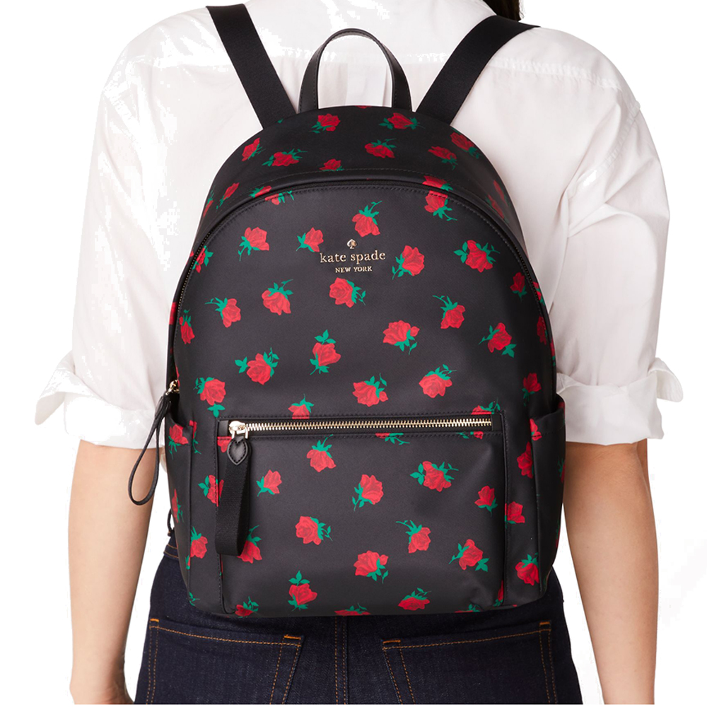 Kate Spade Chelsea Rose Toss Printed Large Backpack Black # KE436