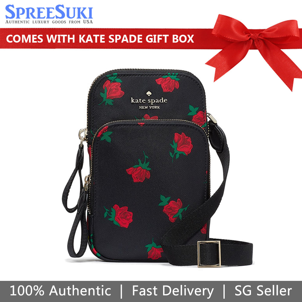 Kate Spade Crossbody Bag Sling Chelsea Rose Toss Print North South Phone Crossbody Black # KF149