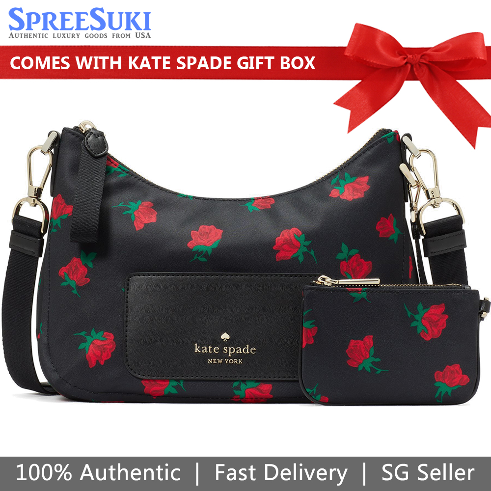 Kate Spade Chelsea Rose Toss Printed Crossbody Bag Sling Black # KE437