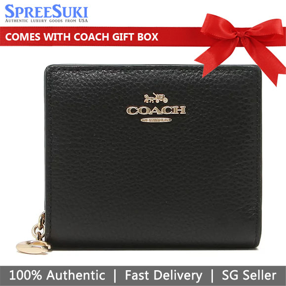 Coach Small Wallet Pebble Leather Snap Wallet Black # C2862D2