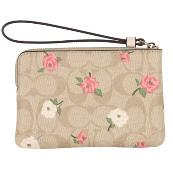 Coach Small Wristlet Corner Zip Wristlet In Signature Canvas With Floral Print Light Khaki Chalk Off White # CR973