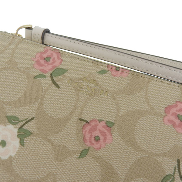 Coach Small Wristlet Corner Zip Wristlet In Signature Canvas With Floral Print Light Khaki Chalk Off White # CR973