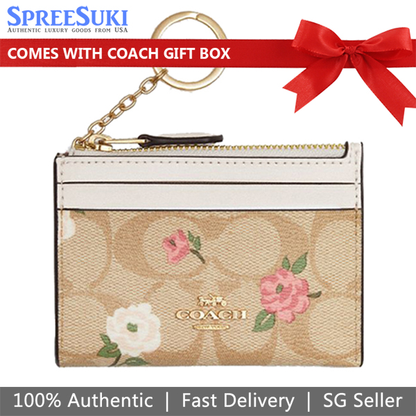 Coach Mini Skinny Id Case In Signature Canvas With Floral Print Light Khaki Chalk Off White # CR972