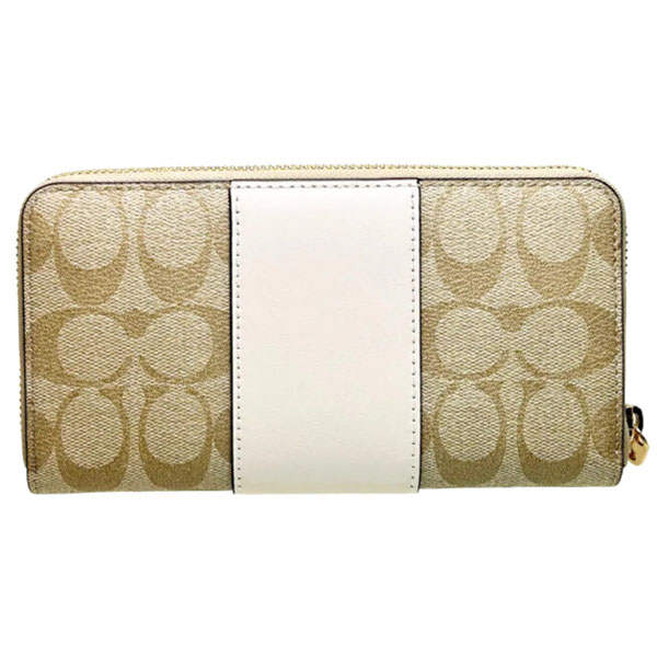 Coach Long Zip Around Wallet In Signature Canvas With Stripe Light Khaki Chalk Light Saddle # CR624