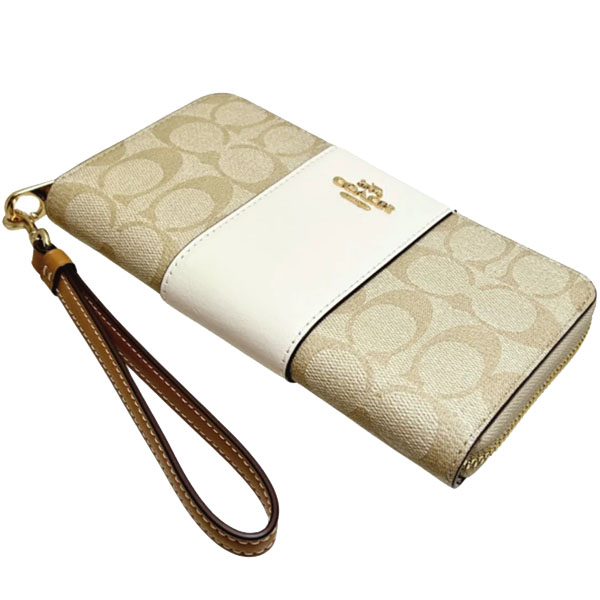 Coach Long Zip Around Wallet In Signature Canvas With Stripe Light Khaki Chalk Light Saddle # CR624