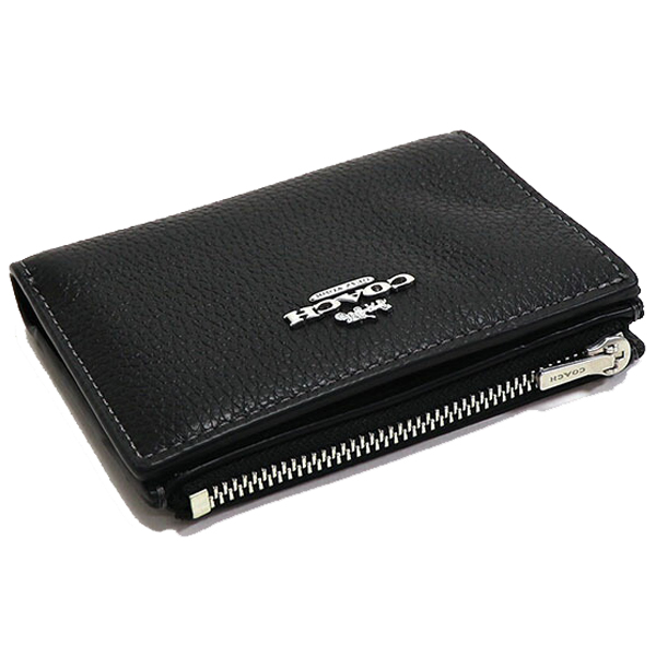 Coach Pebble Leather Bifold Wallet Black Silver # CM315