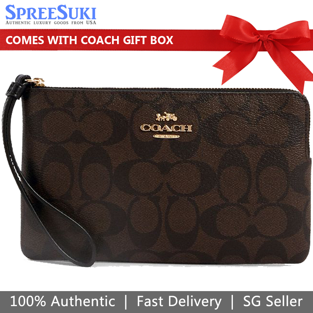 Coach Large Corner Zip Wristlet In Signature Canvas Brown / Black # CS438