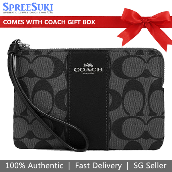 Coach Small Wristlet Corner Zip Wristlet In Signature Canvas Graphite Black # CS602