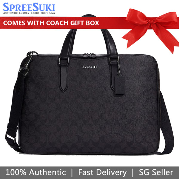 Coach Men Graham Slim Brief In Signature Canvas Laptop Bag Black Oxblood # C8172