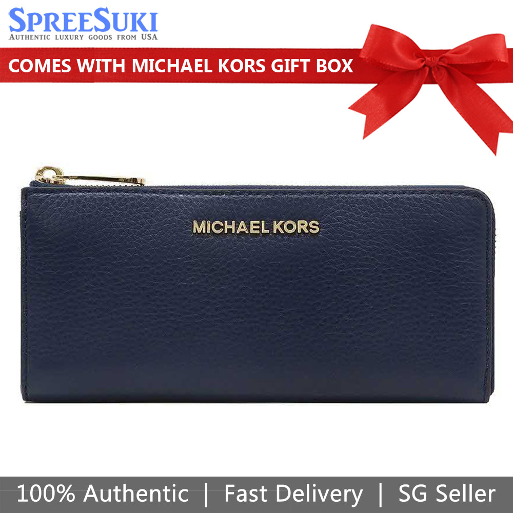 Michael Kors Long Wallet Jet Set Travel Large Three Quarter Zip Leather Navy Dark Blue # 35H8GTVZ3LD1