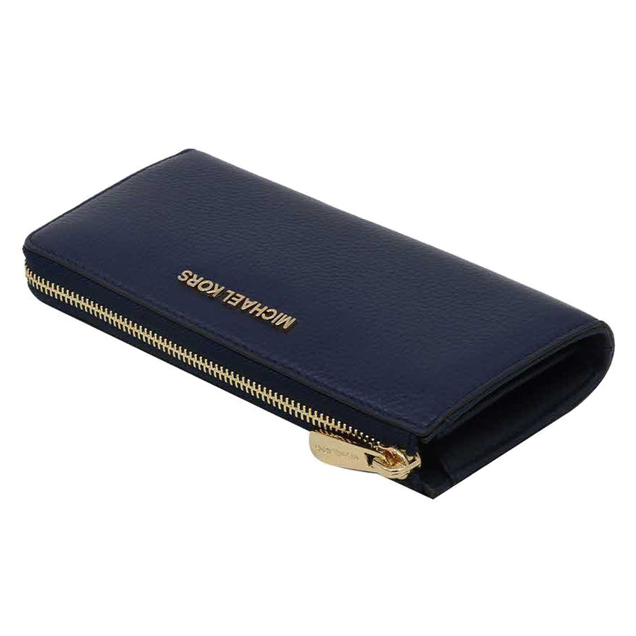 Michael Kors Long Wallet Jet Set Travel Large Three Quarter Zip Leather Navy Dark Blue # 35H8GTVZ3LD1