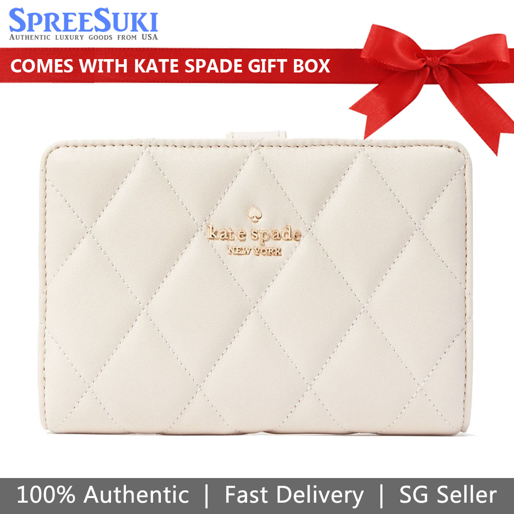 Kate Spade Carey Smooth Quilted Leather Medium Wallet Parchment White # KA591