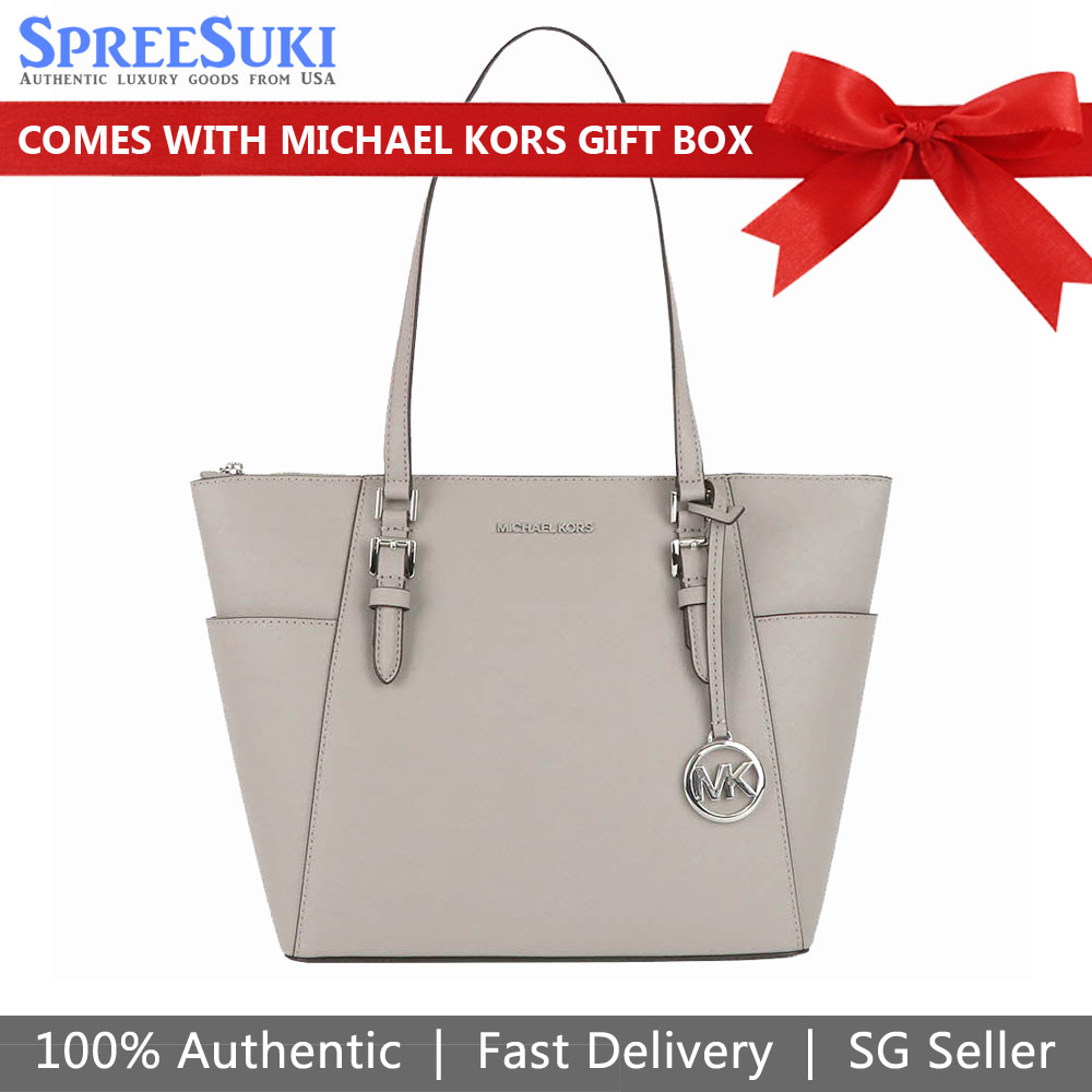 Michael Kors Tote Shoulder Bag Charlotte Saffiano Leather Large Tote Pearl Grey # 35F0SCFT3LD1