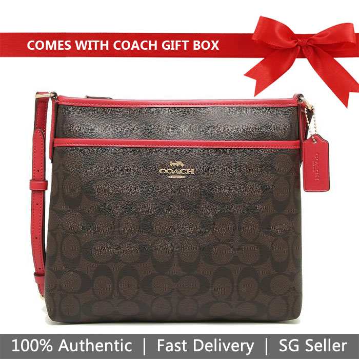 Coach Crossbody Bag In Gift Box File Crossbody In Signature Canvas Brown / True Red # F29210D1