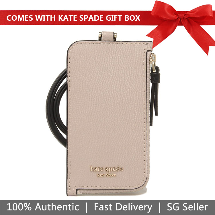 Kate Spade Lanyard In Gift Box Cameron Card Case Lanyard Black / Warm Beige # WLRU5454D1