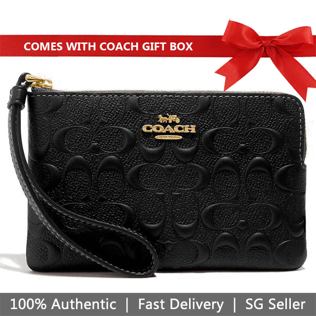 Coach Wristlet In Gift Box Small Wristlet Corner Zip Wristlet In Signature Leather Black # F67555D1