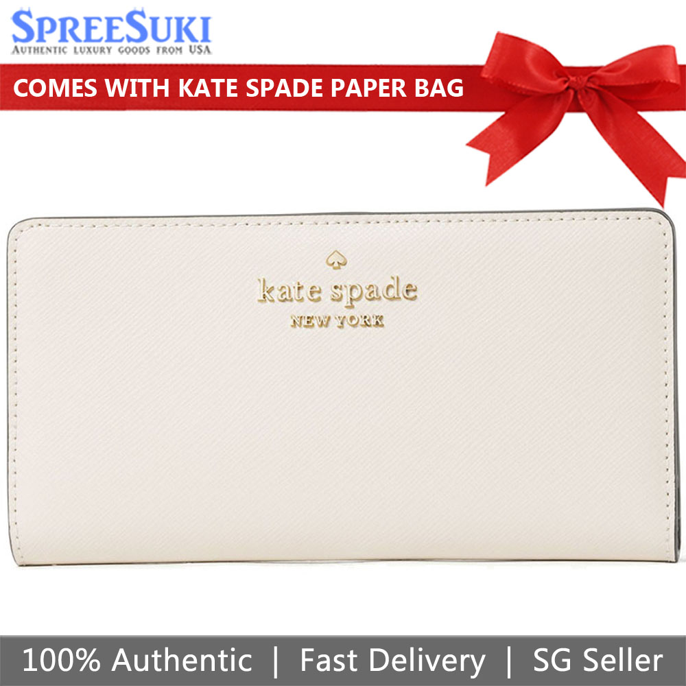 Kate Spade Medium Wallet Staci Saffiano Leather Large Slim Bifold Parchment Off White # WLR00145D1