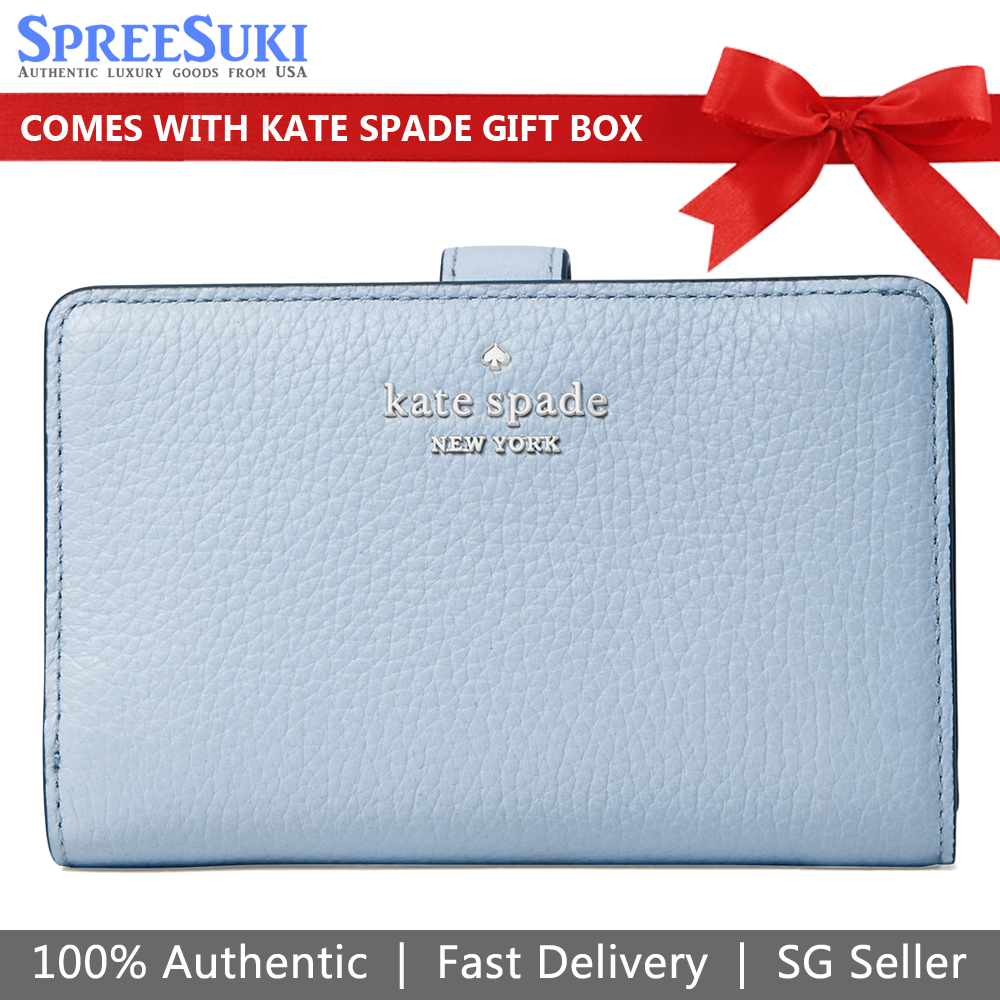 Kate Spade Medium Wallet Pebble Leather Medium Compact Bifold Wallet Muted Blue # WLR00394