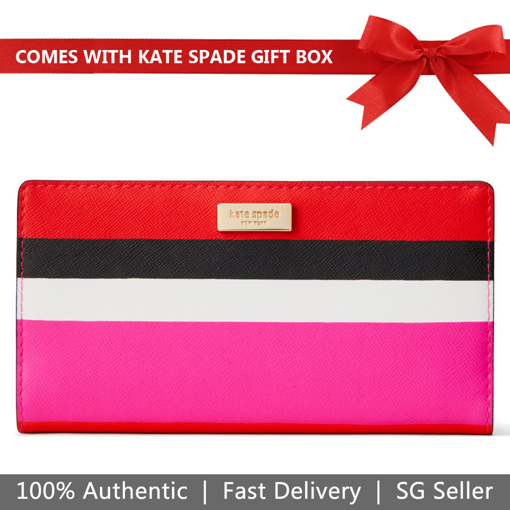 Kate Spade Wallet In Gift Box Laurel Way Bonita Stripe Stacy Medium Wallet Black Red Pink # WLRU4891D1