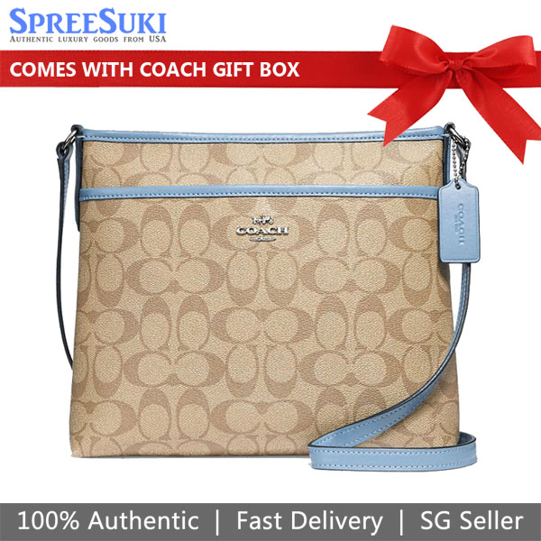 Coach Crossbody Bag In Gift Box File Crossbody In Signature Canvas Light Khaki / Cornflower Light Blue # F29210