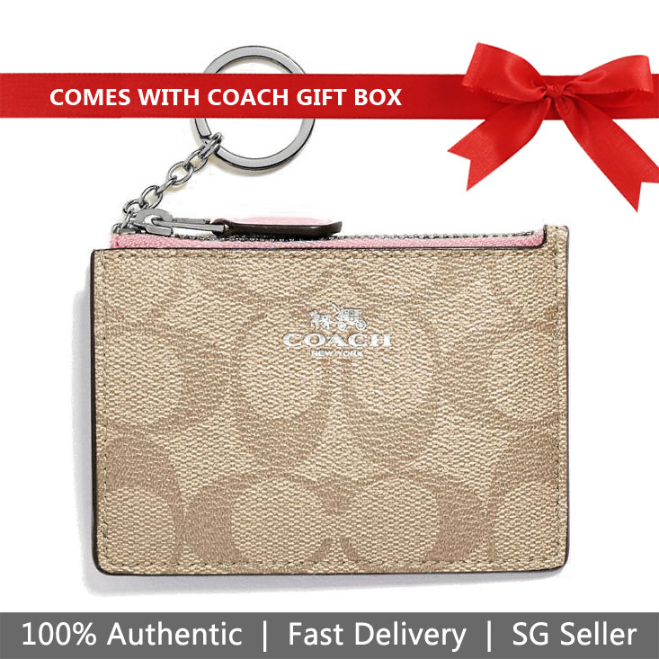 Coach Key Coin Case In Gift Box Mini Skinny Id Case In Signature Canvas Light Khaki / Carnation Pink # F16107D1