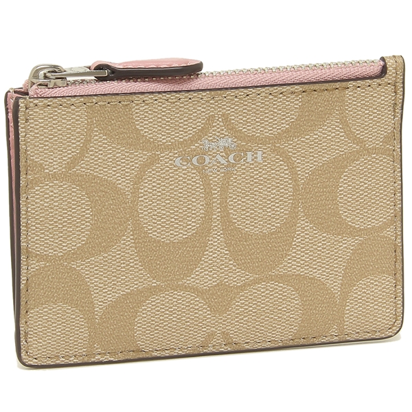 Coach Key Coin Case In Gift Box Mini Skinny Id Case In Signature Canvas Light Khaki / Carnation Pink # F16107D1