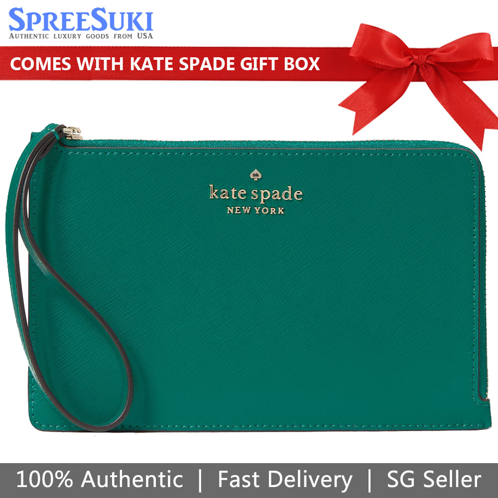 Kate Spade Large Wristlet Saffiano Leather Medium L-Zip Wristlet Deep Jade Green # WLR00134