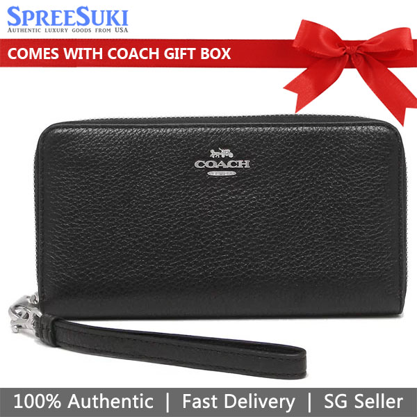 Coach Long Wallet Pebbled Leather Long Zip Around Wallet Black Silver # C4451D1