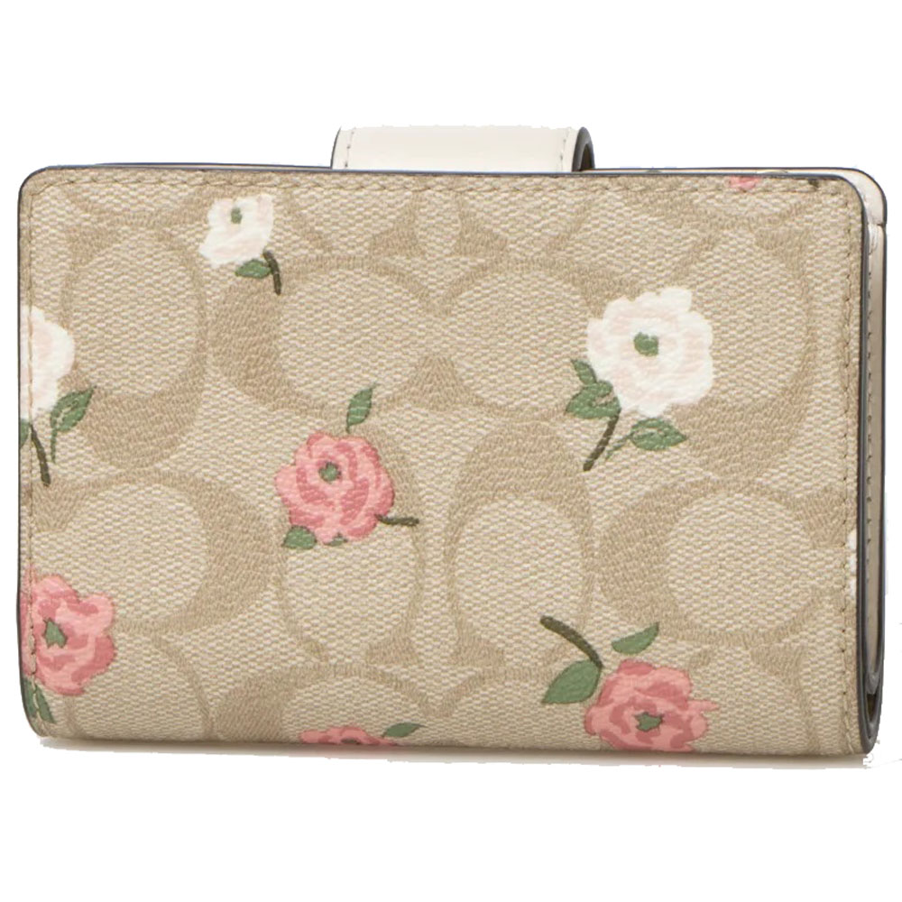 Coach Medium Corner Zip Wallet Signature Canvas With Floral Print Light Khaki Chalk Off White # CR968