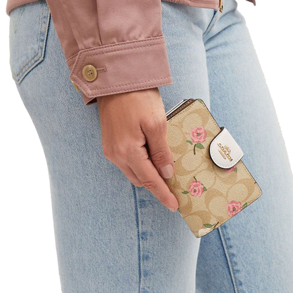 Coach Medium Corner Zip Wallet Signature Canvas With Floral Print Light Khaki Chalk Off White # CR968