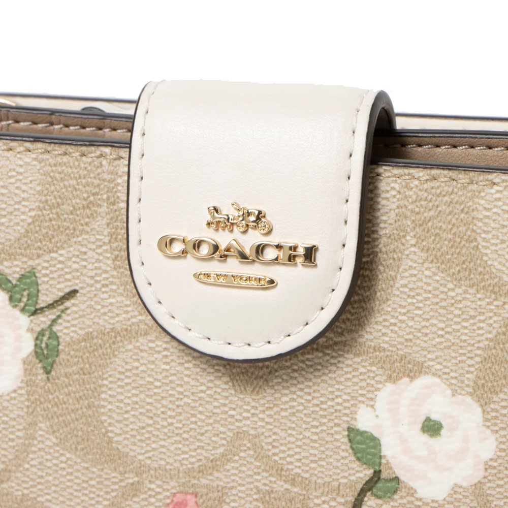 Coach Medium Corner Zip Wallet Signature Canvas With Floral Print Light Khaki Chalk Off White # CR968