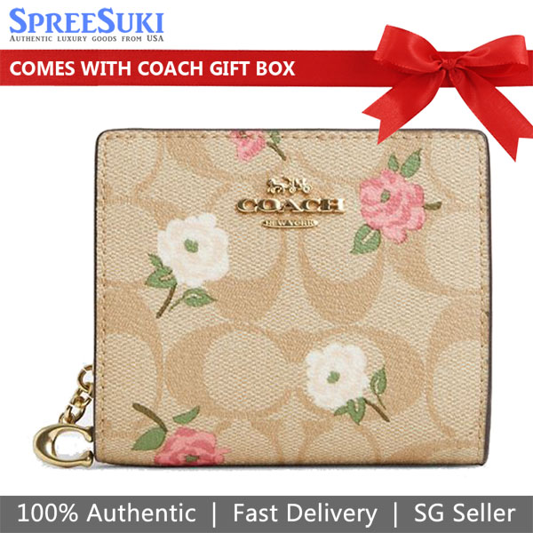 Coach Small Wallet Snap Wallet In Signature Canvas With Floral Print Light Khaki Chalk Off White # CR969