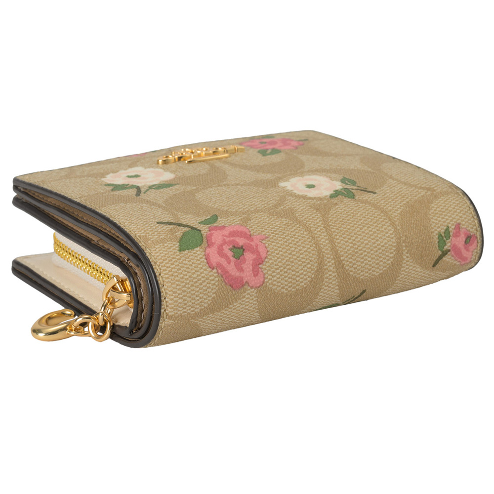 Coach Small Wallet Snap Wallet In Signature Canvas With Floral Print Light Khaki Chalk Off White # CR969