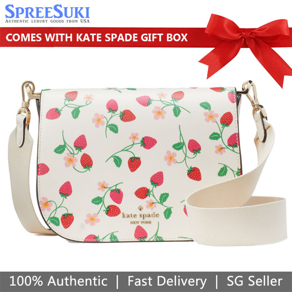 Kate Spade Strawberry Vine Saddle Crossbody Bag Sling Cream Off White # KG662