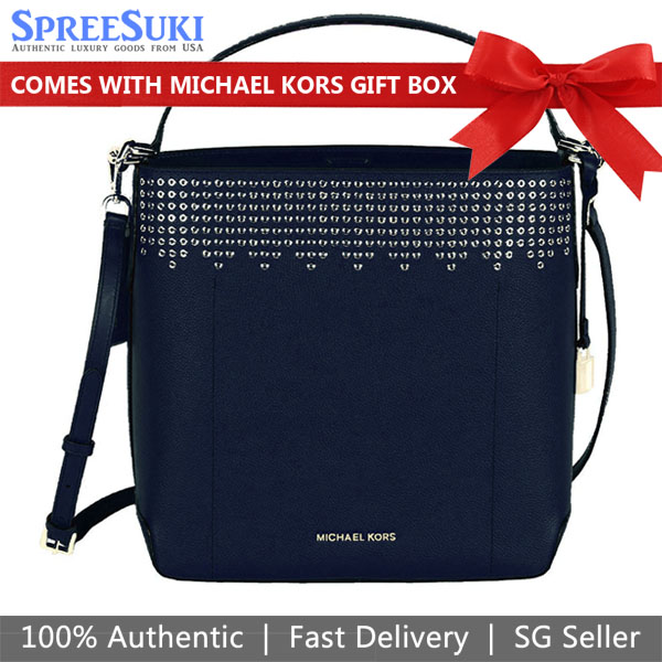 Michael Kors Shoulder Bag Crossbody Bag Hayes Large Bucket Studded Shoulder Bag Navy Dark Blue # 35F8GYEL3TD1