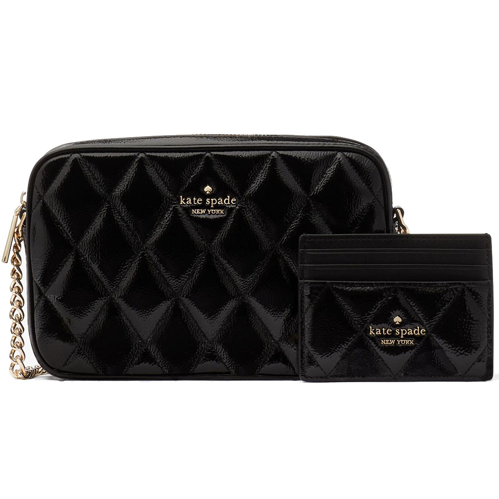 Kate Spade Crossbody Bag Sling Card Case Gift Set Glimmer Quilted Crinkle Patent Black # KE818