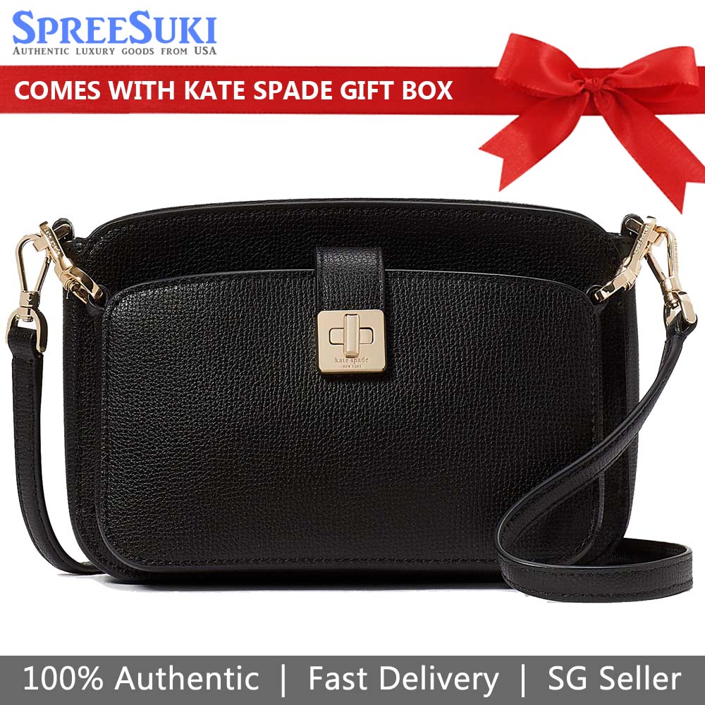 Kate Spade Refined Grain Leather Turnlock Crossbody Duo Sling Bag Black # KF533D1